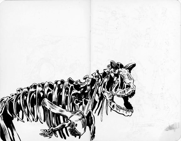 Anna Lubinski - Illustration - Croquis au Muséum national d'Histoire naturelle à Paris. Squelette de dinosaure.