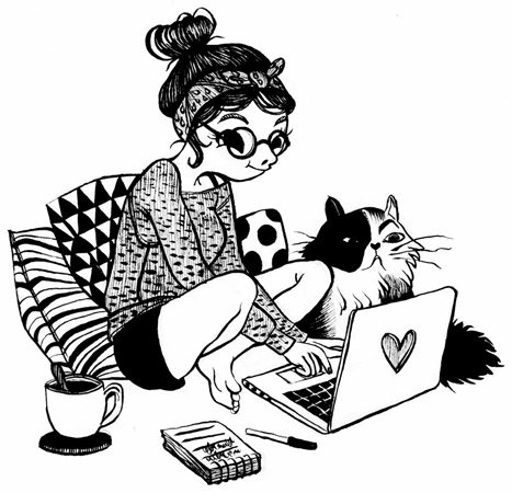 Anna Lubinski - Illustration - Inktober - A blogger girl with her cat, her pc and patterned cushions.