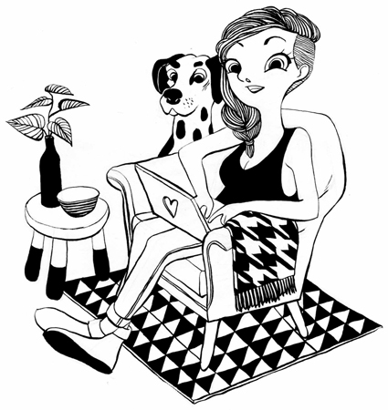 Anna Lubinski - Illustration - Inktober - A blogger girl with her dalmatian, her pc and patterned objects.