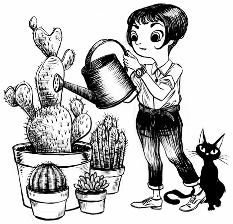 Anna Lubinski - Illustration - Inktober - A girl is watering her cacti with her black cat.