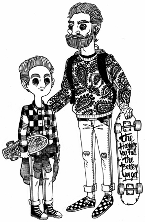 Anna Lubinski - Illustration - Inktober - Skater boy and his skater dad, with pattern
