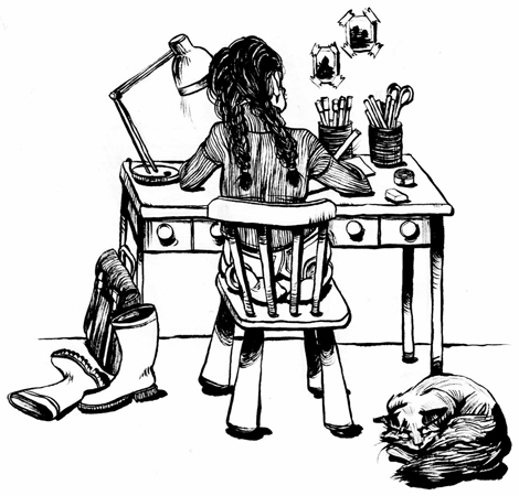 Anna Lubinski - Illustration - Inktober - Little girl drawing at her desk with her cat