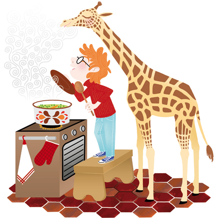 Anna Lubinski - Illustration - Cartoon portrait - Character design - girafe repas petits pois carottes - giraffe prepare meals