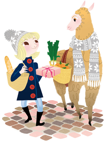 Anna Lubinski - Illustration - Cartoon portrait - Character design - lama filette baguette poireaux gateau emplettes - llama food shopping