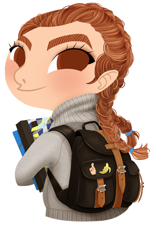 Anna Lubinski - Illustration - Cartoon portrait - Character design - Calendrier - Back to school. She is wearing a grey turtleneck pullover and has two braids. She is holding her notebook and she has an Herschels backpack with cute pins on it.