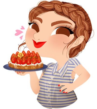 Anna Lubinski - Illustration - Cartoon portrait - Character design - Calendrier - Fathers Day. She is wearing a striped shirt and has a braided crown. She is holding a cake made by the famous french pastry cook Pierre Hermé.