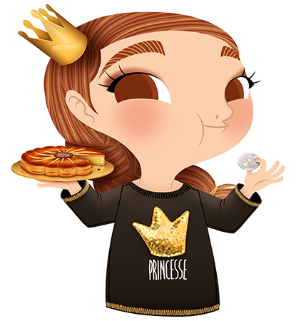 Anna Lubinski - Illustration - Cartoon portrait - Character design - Calendrier - Wearing an Etam sweatshirt with'Princesse' on it. The Galette des Rois (or known as the French King Cake) is a puff pastry stuffed with frangipane, traditionally enjoyed during the period of the Epiphany. It hides a fève (a small trinket), whoever find it in its slice becomes the king (or the queen) of the day. 