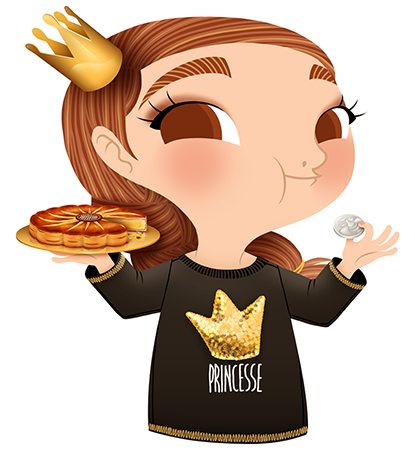 Anna Lubinski - Illustration - Cartoon portrait - Character design - Calendrier - Wearing an Etam sweatshirt with'Princesse' on it. The Galette des Rois (or known as the French King Cake) is a puff pastry stuffed with frangipane, traditionally enjoyed during the period of the Epiphany. It hides a fève (a small trinket), whoever find it in its slice becomes the king (or the queen) of the day.