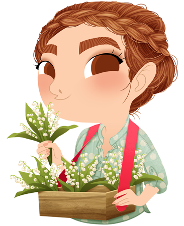 Anna Lubinski - Illustration - Cartoon portrait - Character design - Calendrier - 1st May Labor Day. She wears a green dotted shirt and has a braided crown. She has a wooden usherette tray. She sales some flowers: lily of the valley. 