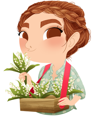 Anna Lubinski - Illustration - Cartoon portrait - Character design - Calendrier - 1st May Labor Day. She wears a green dotted shirt and has a braided crown. She has a wooden usherette tray. She sales some flowers: lily of the valley.