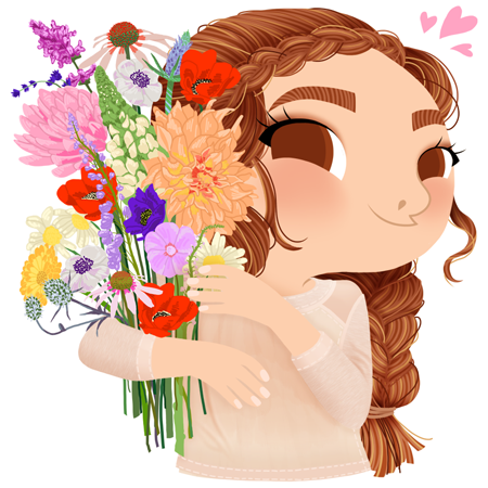 Anna Lubinski - Illustration - Cartoon portrait - Character design - Calendrier - Mothers Day. She is wearing a beige top and she is holding a bouquet of wild flowers. She has braided hair.