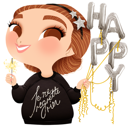 Anna Lubinski - Illustration - Cartoon portrait - Character design - Calendrier - Sweatshirt Whistles 'Je ne regrette rien', sparklers, star headband and letter balloons