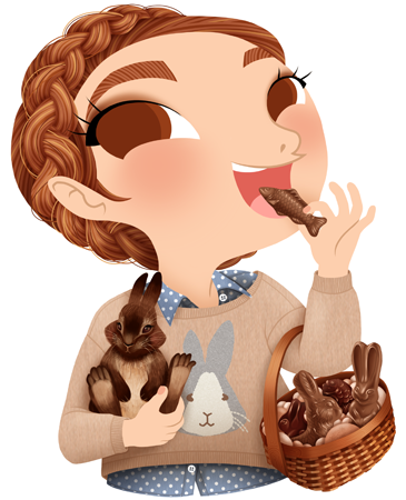 Anna Lubinski - Illustration - Cartoon portrait - Character design - Calendrier - Spring illustration. She is wearing a dotted denim shirt and a bunny pullover above. She is holding a basket full of chocolate bunnies and easter eggs and in the other hand a cute rabbit . She is eating a chocolate fish .