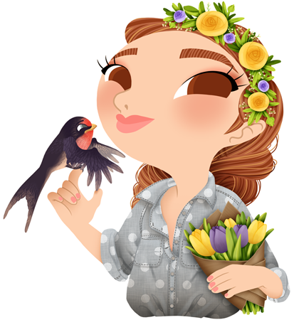 Anna Lubinski - Illustration - Cartoon portrait - Character design - Calendrier - Spring illustration. She is wearing denim shirt. She is holding a bouquet of tulips. She has a flower crown on the head. A swallow landed on her hand.