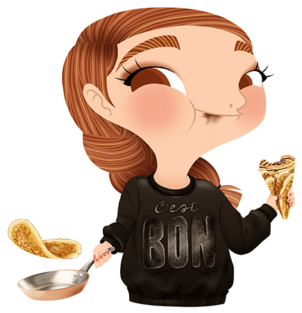 Anna Lubinski - Illustration - Cartoon portrait - Character design - Calendrier - Doing and eating some crepes in a copper pan. She is wearing sweatshirt from Asos with 'C'est BON' written on it.