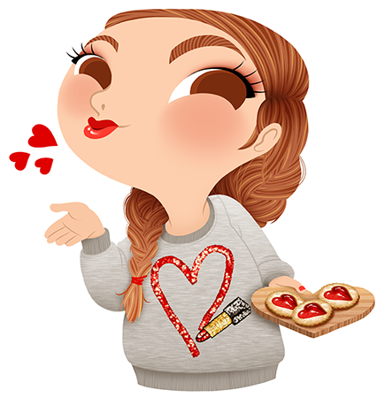 Anna Lubinski - Illustration - Cartoon portrait - Character design - Calendrier - Sweatshirt heart and lipstick, sending kisses, linzer heart cookies. Valentines day.