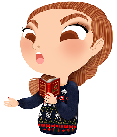 Anna Lubinski - Advent Calendar - Cartoon portrait - Character design - She wears a Christmas sweater. She is singing christmas carol.