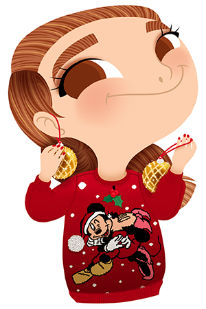 Anna Lubinski - Advent Calendar - Cartoon portrait - Character design - She wears a red christmas jumper with Mikey and Minnie kissing on it. She is playing with gold christmas decorations instead of to put it on the Christmas tree.
