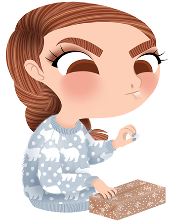 Anna Lubinski - Advent Calendar - Cartoon portrait - Character design - She wears a grey christmas sweater with bears on it. She is wrapping some christmas gifts in cute and winterly wrapping paper.