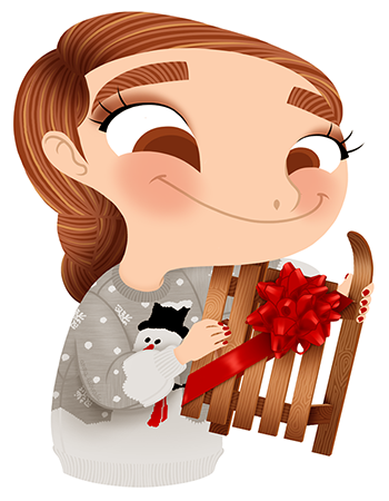 Anna Lubinski - Advent Calendar - Cartoon portrait - Character design - She wears a grey christmas jumper with a snowman on it. She is holding a luge surrounded by a red ribbon.