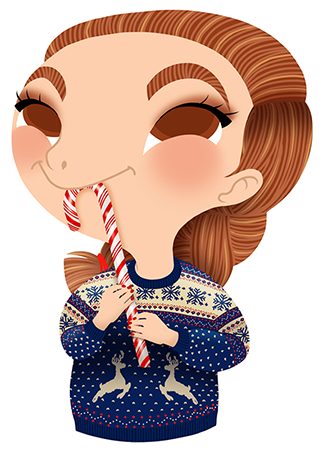 Anna Lubinski - Advent Calendar - Cartoon portrait - Character design - She wears a Christmas sweater. She is eating a candy cane.