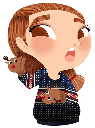 Anna Lubinski - Advent Calendar - Cartoon portrait - Character design - She wears a christmas sweater. She wears mittens in shape of Rudolph Reindeer.