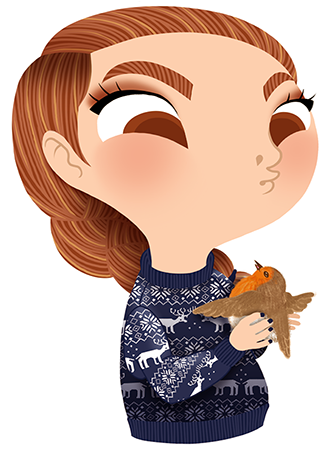 Anna Lubinski - Advent Calendar - Cartoon portrait - Character design - She wears a blue christmas sweater. She is holding a little robin in her hands.