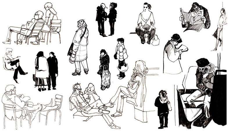Anna Lubinski - Illustration - Carnets de croquis - Sketchbooks - Ink doodles from life, people sitting, standing, reading or waiting.