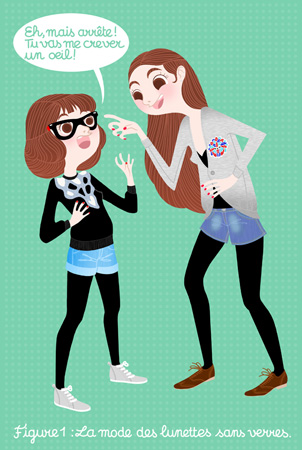 Anna Lubinski - Illustration - Cartoon portrait - Character design - Strip with the two sisters. Something about the no-glass glasses. They are wearing denim shorts, black tights, grey shoes, brown derbies, grey Metroplastique sweater and black vintage pullover.