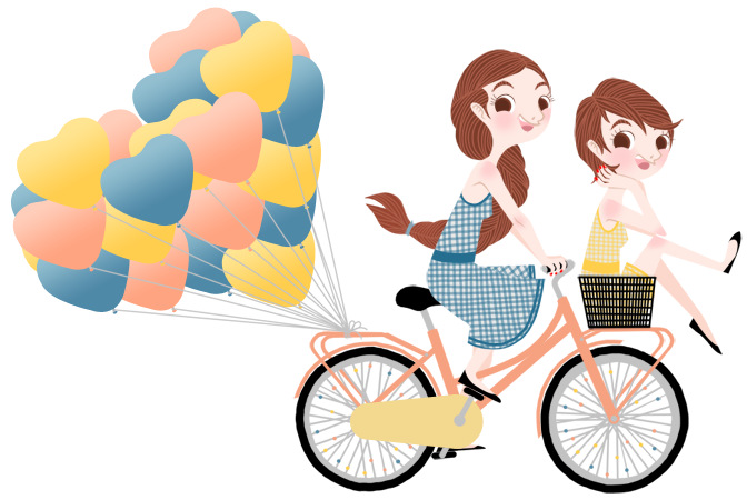 Anna Lubinski - Illustration - Cartoon portrait - Character design - Two girls on a pink vintage bicycle. They are wearing blue and yellow gingham print dresses. Heart shaped balloons are hooked to the back.
