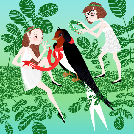 Anna Lubinski - Illustration - Cartoon portrait - Character design - The two sisters are celebrating spring. They are on a acacia tree with a swallow. They are wearing white dresses and floral crowns. They are putting a floral crown on the swallow's head and a red ribbon around its neck.