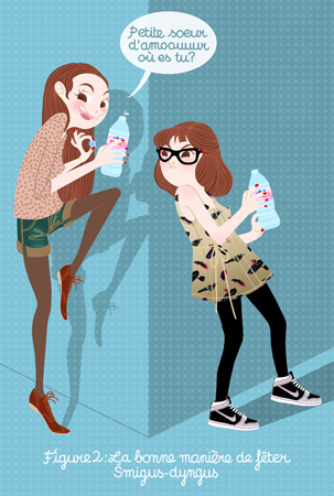 Anna Lubinski - Illustration - Cartoon portrait - Character design - Strip with the two sisters, celebrating the polish tradition: Smigus Dyngus. The first sister wears pink top, denim shirt, taupe tights and brown derbies. The second sisters wears a beige top with bird pattern, black leggins and some nike shoes.