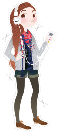 Anna Lubinski - Illustration - Self-portrait - Cartoon portrait - Character design - She wears: flowery scarf, Metroplastique vest, Obey tee shirt, jean shorts, brown derbies and Marshall headphones.