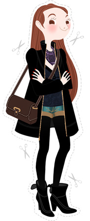 Anna Lubinski - Illustration - Cartoon portrait - Character design - Kind of classy classic outfit. She wears an almost black outfit, a long black trench coat, a purple graphic scarf, a grey top, denim shorts, black tights, black short boots with heel and a dark brown satchel handbag.