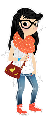 Anna Lubinski - Illustration - Léa - Cartoon portrait - Character design - Lazy day outfit. She wears : printed coral infinity scarf, burgundy bag with a rabbit on it and a pair of coral Nike.