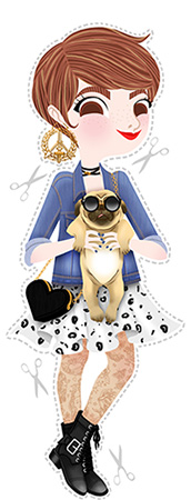 Anna Lubinski - Illustration - Monika - Cartoon portrait - Character design - Pug friend. She wears Obey's dress and earing, a heart shaped bag, a denim vest, tattoed tights and army boots. The pug wears round shaped sunglasses.