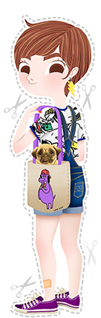 Anna Lubinski - Illustration - Monika - Cartoon portrait - Character design - Pug friend. She wears yellow earring in thunder shape , denim overalls, a Lazy Oaf totebag, a Snoopy tee-shirt and purple Converses.