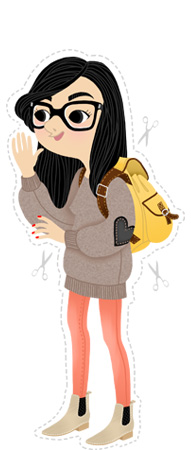 Anna Lubinski - Illustration - Léa - Cartoon portrait - Character design - Back to school. She wears: canvas backpack, pullover with heart shaped elbow patches, pastel pants and nubuck chelsea boots.