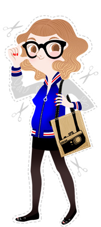 Anna Lubinski - Illustration - Cartoon portrait - Character design - She has an old fashion hair cut with an tie and die. She wears a blue coat. She has bold glasses. She wears a black short skirt and black tights. She has a tote bag with an camera on it.