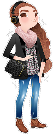 Anna Lubinski - Illustration - Self-portrait - Cartoon portrait - Character design - She wears a pink zebra patterned scarf, a leopard patterned sweater, skinny jeans, brown color leather jodhpur boots by &Other Stories, black braided bag by &Other Stories and a black/gold limited edition Marshall headphones.