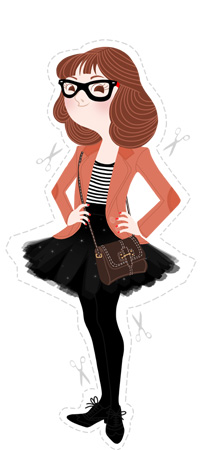 Anna Lubinski - Illustration - Monika - Cartoon portrait - Character design - Going to a party. She wears : wide glasses, pink jacket, brown leather bag, black ballet skirt and black derbies.