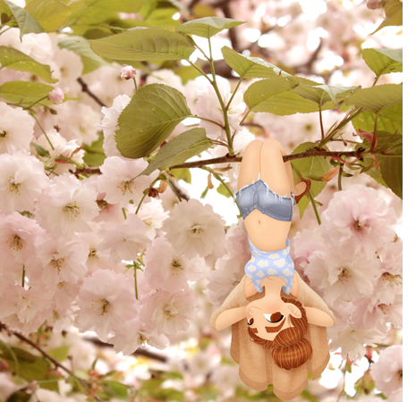 Anna Lubinski - Illustration - Cartoon portrait - Character design - A little girl character is hanging upside down of a cherry blossom tree. She has her hair in a bun. She wears a beige vest, sky blue tank top with with clouds printed on it, destroyed vintage short denim and brown ballerinas.