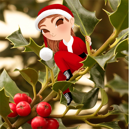 Anna Lubinski - Illustration - Cartoon portrait - Character design - A picture of branch of holly. There is an illustrated character who is sitting on it. She wears a Santa Claus suit and a red cap with a pom pom.