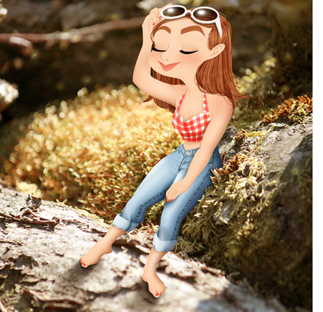 Anna Lubinski - Illustration - Cartoon portrait - Character design - A little girl character is leaning on a wood log. She is bare feet. The days is sunny. She wears blue denim jeans, red gingham patterned top, white sunglasses and she has her hair down.