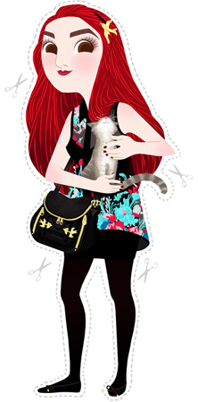 Anna Lubinski - Illustration - Laura from Lodoesmakeup and Yuna - Cartoon portrait - Character design - She wears : swallow headband, flowered shirt and Marc by Marc Jacobs bag with swallows on it.