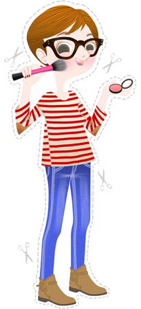 Anna Lubinski - Illustration - Mei Ling Review - Cartoon portrait - Character design - She uses a Real Techniques blush brush. She wears red and white striped top. 