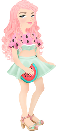 Anna Lubinski - Illustration - Cartoon portrait - Character design - Kailey Flyte from the blog Mermaidens. She has pink pastel hair. She wears a watermelon crop top by Batoko, pastel green skirt and clogs from Emerging Thoughts. She holds a watermelon clutch.