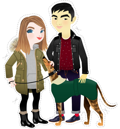 Anna Lubinski - Illustration - Aslan & Estée from Essiebutton are walking Reggie their greyhound dog - Cartoon portrait - Character design - Estée wears : heather grey sweat, khaki parka and black rubber boots. Reggie wears : green dog coat. Aslan wears : black leather jacket, burgundy mottled pullover and blue derbies. 