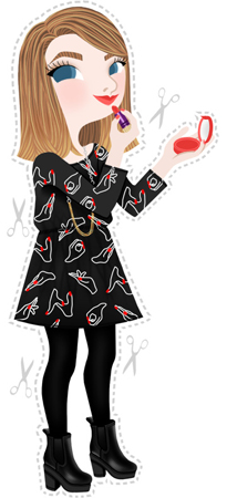 Anna Lubinski - Illustration - Estée from Essiebutton - Cartoon portrait - Character design - She wears : black Monki dress with hands on it. She uses Tarte cosmetics.