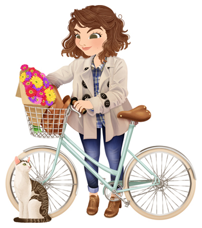 Anna Lubinski - Illustration - Cartoon portrait - Character design - Angéline from the blog Carnet Prune with her cat and a bike. She wears a beige trench coat, a blue check shirt, blue jeans and brown shoes. The bike is a vintage bike. There is a bouquet of flowers and her satchel bag in the basket of her bike. There is a cute cat sitting.